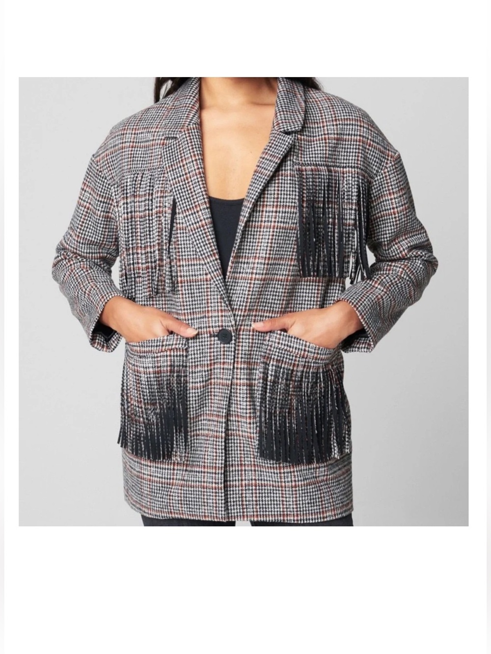 Blanknyc Fringe Plaid Relaxed Blazer Jacket - Black/Grey